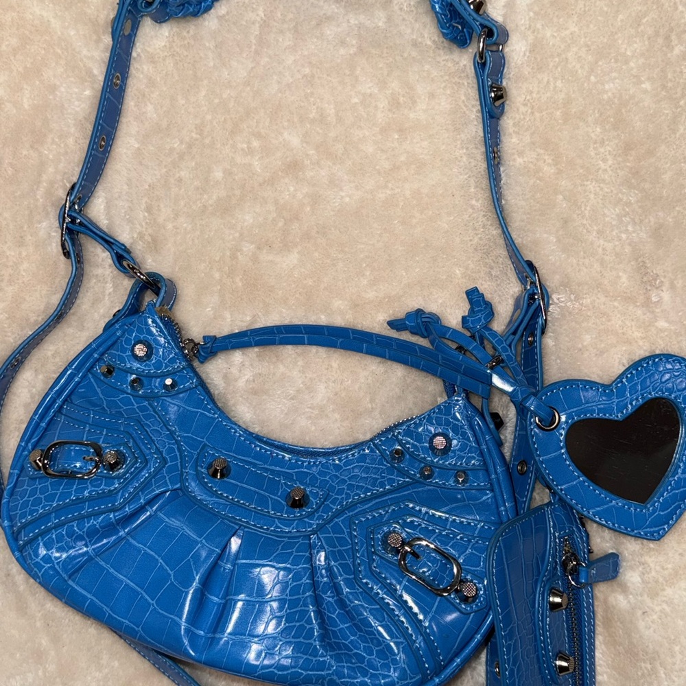 Y2K Grunge Electric Blue Studded Croc Shoulder Bag Attached Heart Mirror Wallet - Picture 11 of 16